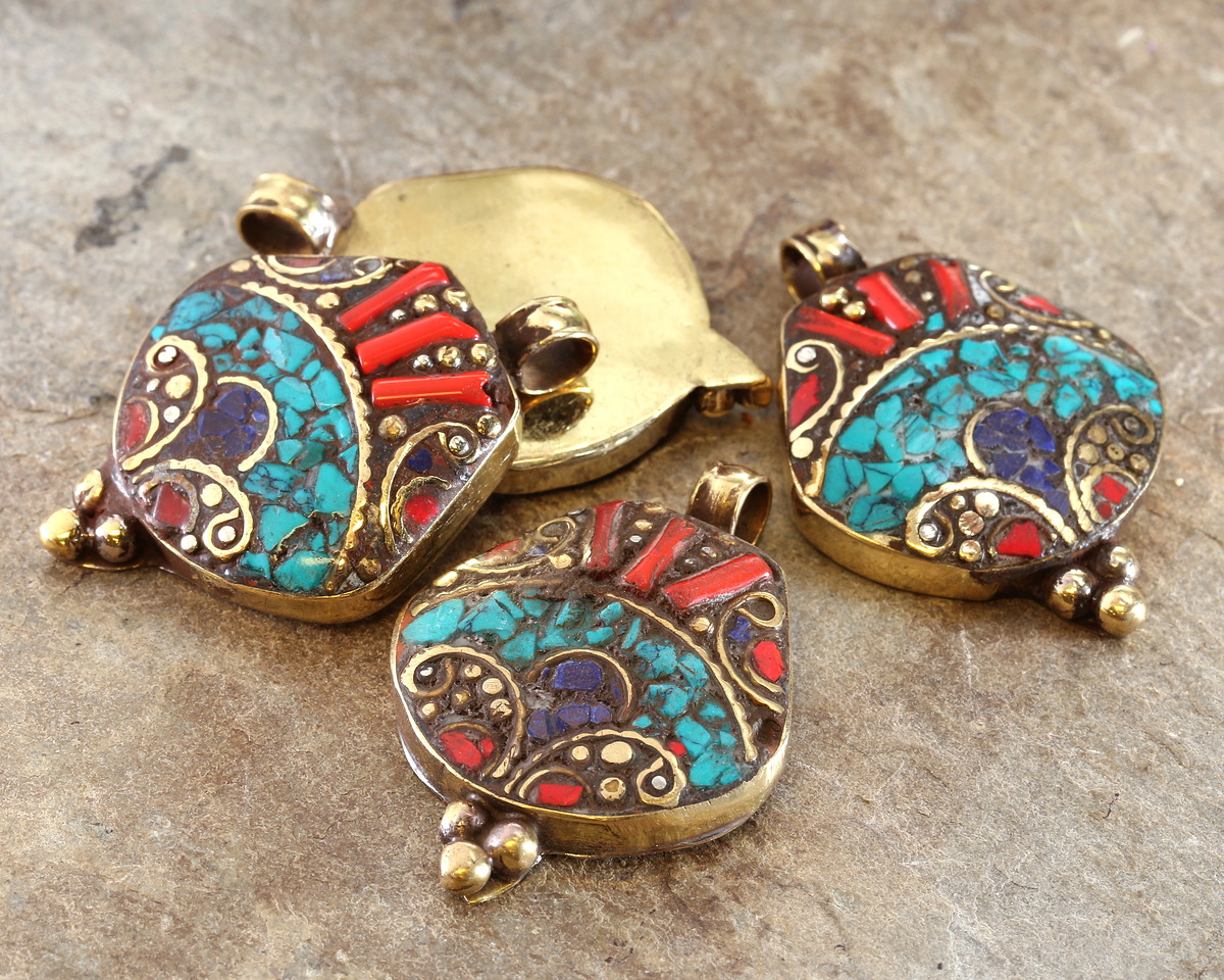 Nepalese Brass w/ Turquoise, Lapis & Coral Mosaic Pendant 29x41mm
