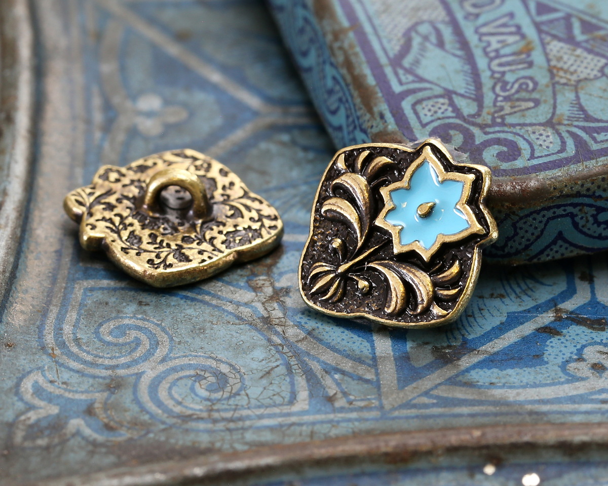 TierraCast Antique Brass (plated) Light Sky Blue Enamel Flower Square Button 14x15mm