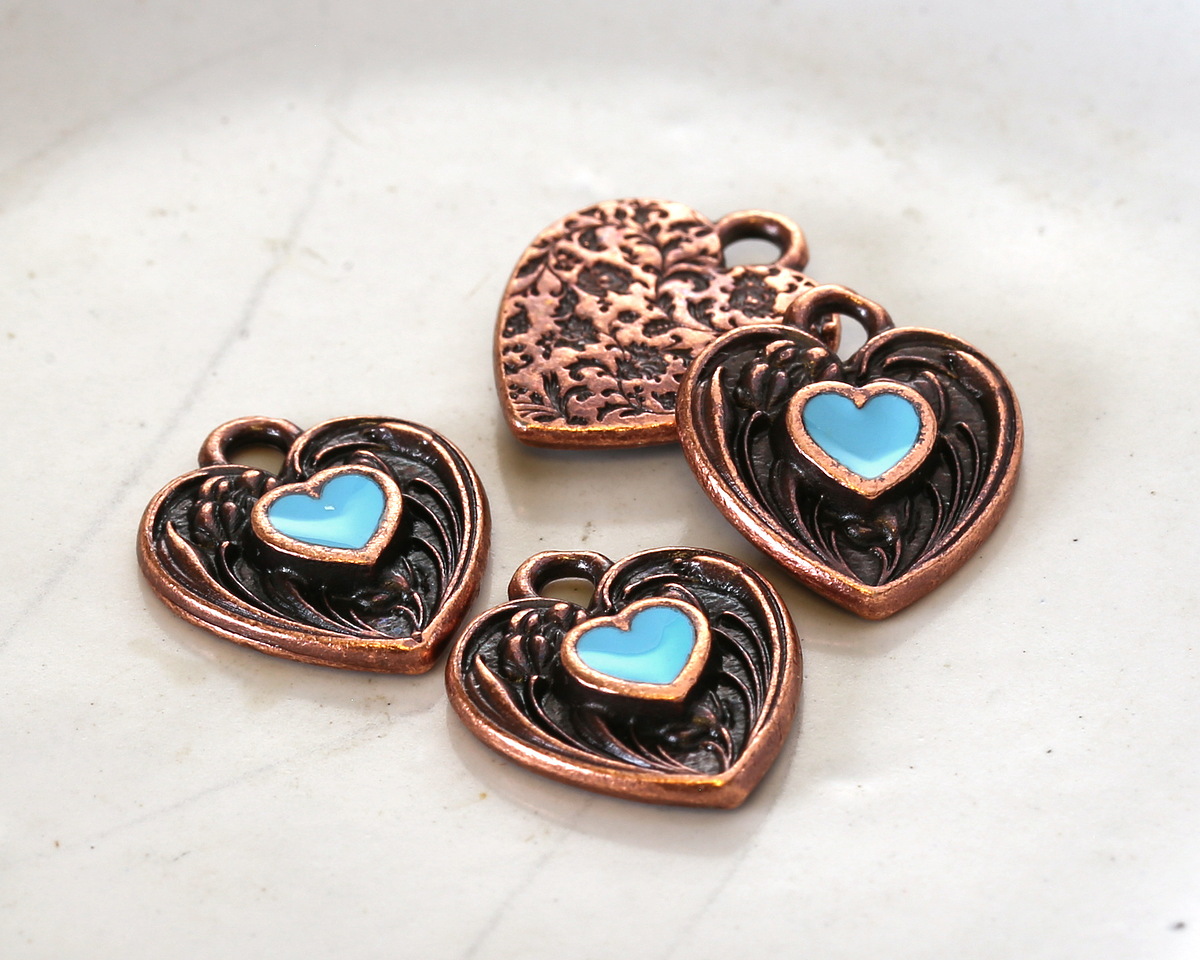 TierraCast Antique Copper (plated) Light Sky Blue Enamel Heart in Heart Shaped Focal 12.5x14mm
