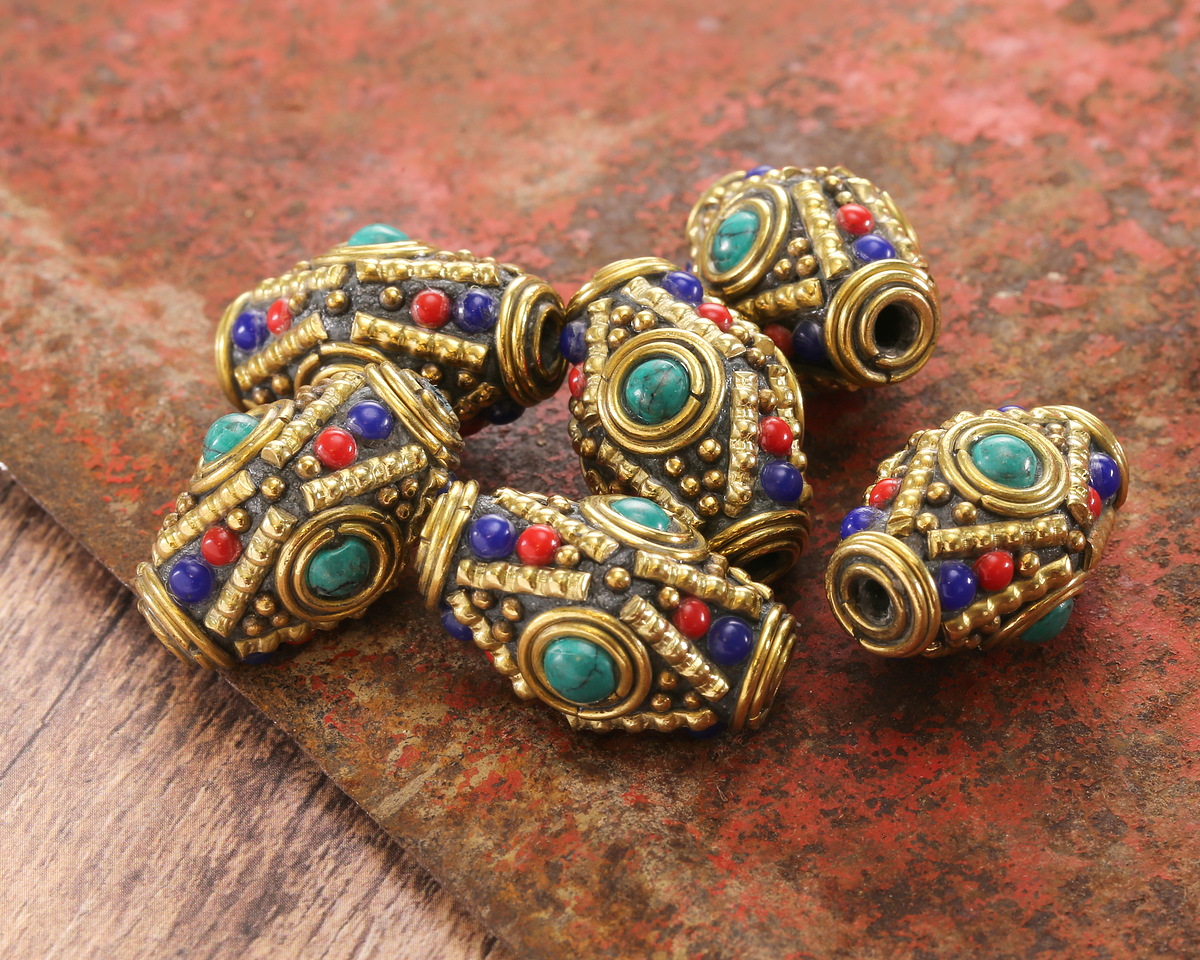 Nepalese Brass w/ Turquoise,Lapis, & Coral Ornate Rice Bead 22-24x15mm