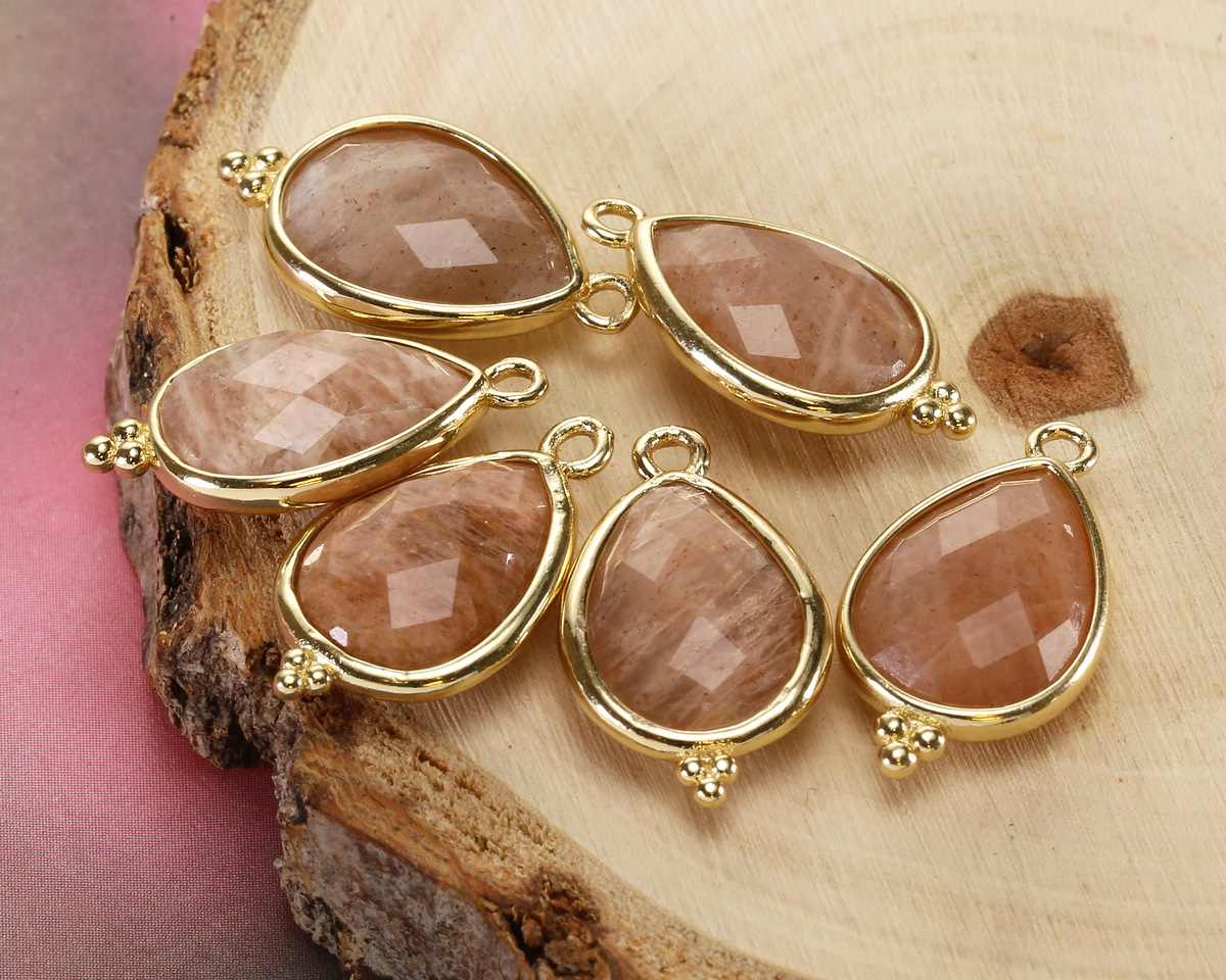 Peach Moonstone w/ Gold Finish Faceted Teardrop Focal 12x21mm