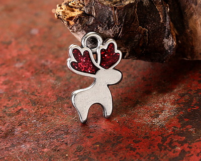 Antique Silver (plated) Cherry Red Enamel w/ Glitter Reindeer Pendant 10x16mm