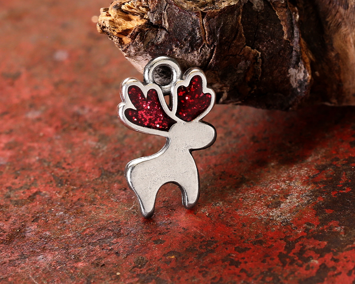 Antique Silver (plated) Cherry Red Enamel w/ Glitter Reindeer Pendant 10x16mm