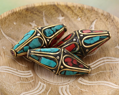 Nepalese Brass Rice Bead w/ Coral & Turquoise Mosaic Petals 35-38x14-15mm