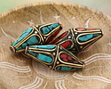 Nepalese Brass Rice Bead w/ Coral & Turquoise Mosaic Petals 35-38x14-15mm