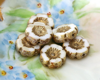 Czech Glass Ivory w/ Gold Hibiscus Coin 12mm