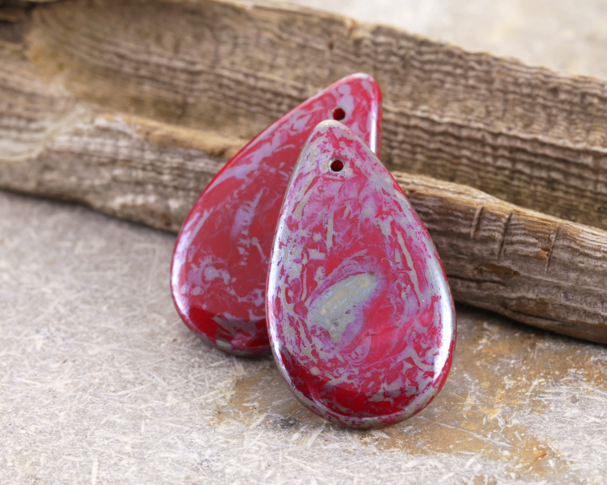 Czech Glass Red w/ Silver Travertine Teardrop Focal 18x30mm