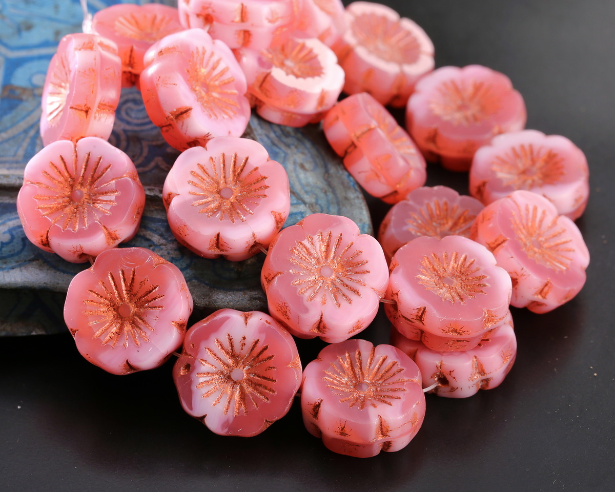 Czech Glass Raspberry Swirl w/ Copper Finish Hibiscus Coin 14mm