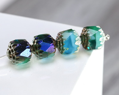 Czech Glass Aquamarine Waters w/ Antique Silver and Metallic Blue Lantern 8mm