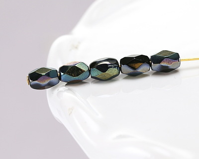 Czech Glass Jet w/ Silver AB Fire Polished Faceted Rice 8x6mm
