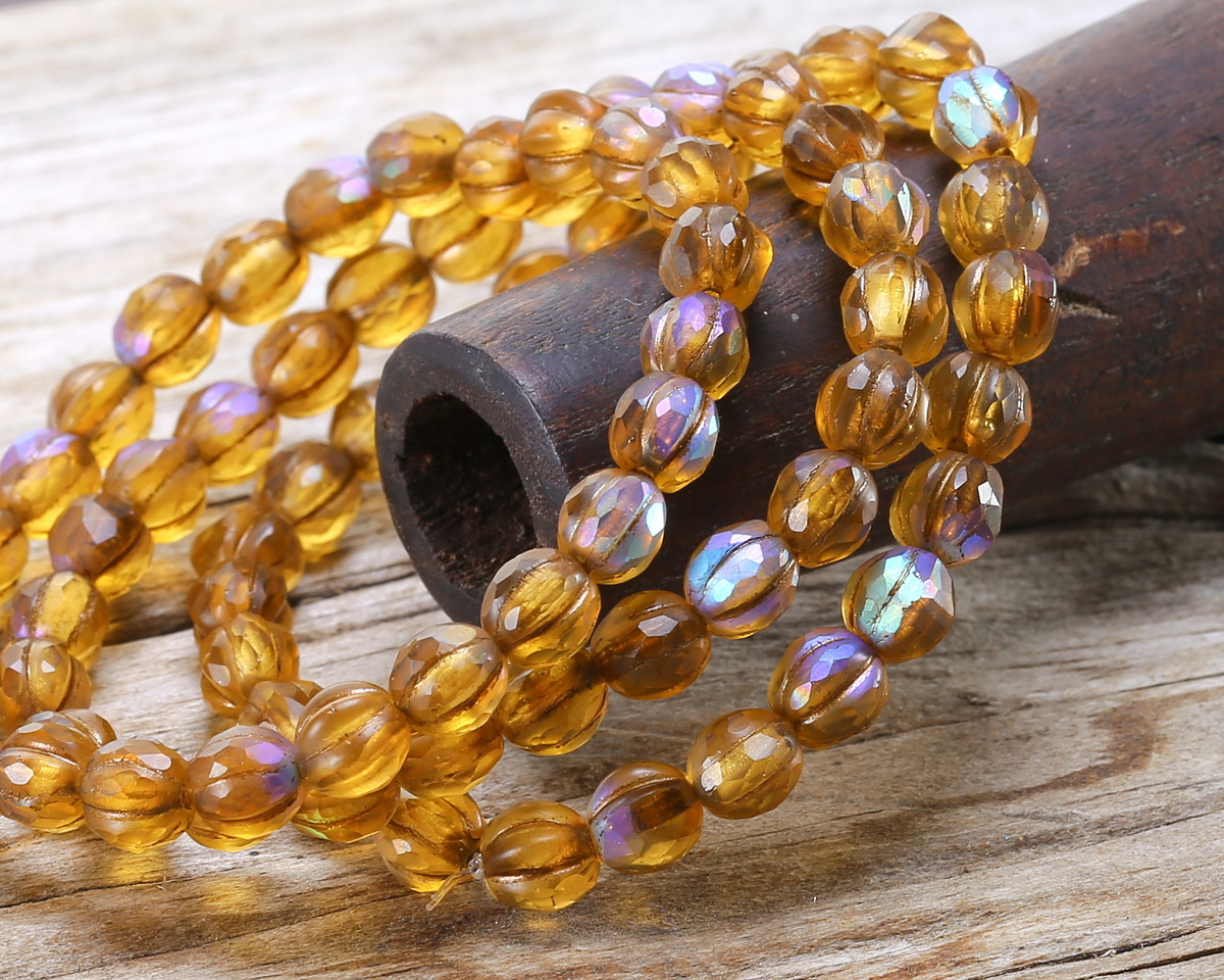 Czech Glass Matte Medium Topaz AB w/ Bronze Faceted Melon 6mm