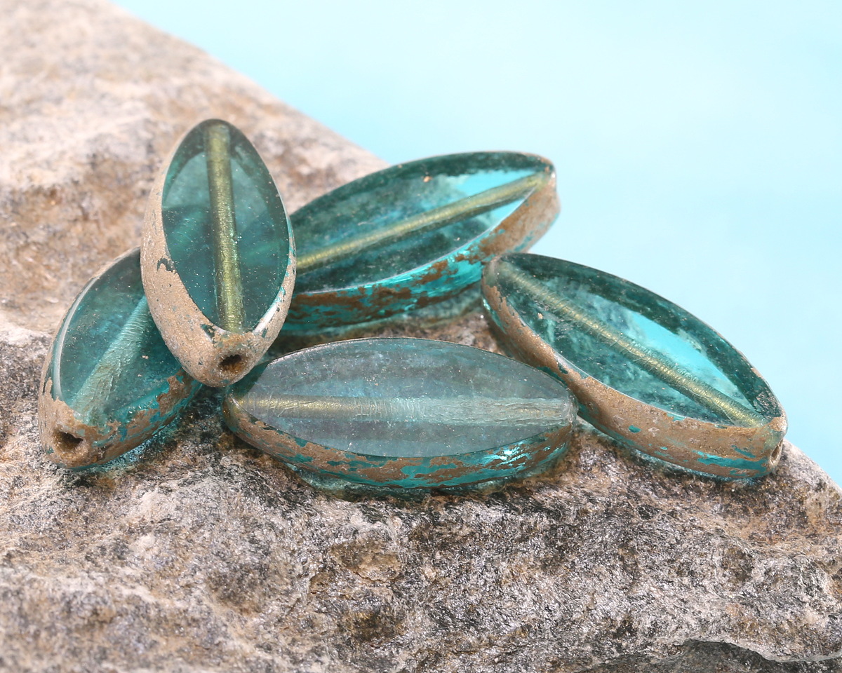 Czech Glass Beach Glass w/ Antique Gold Horse Eye 18x7mm