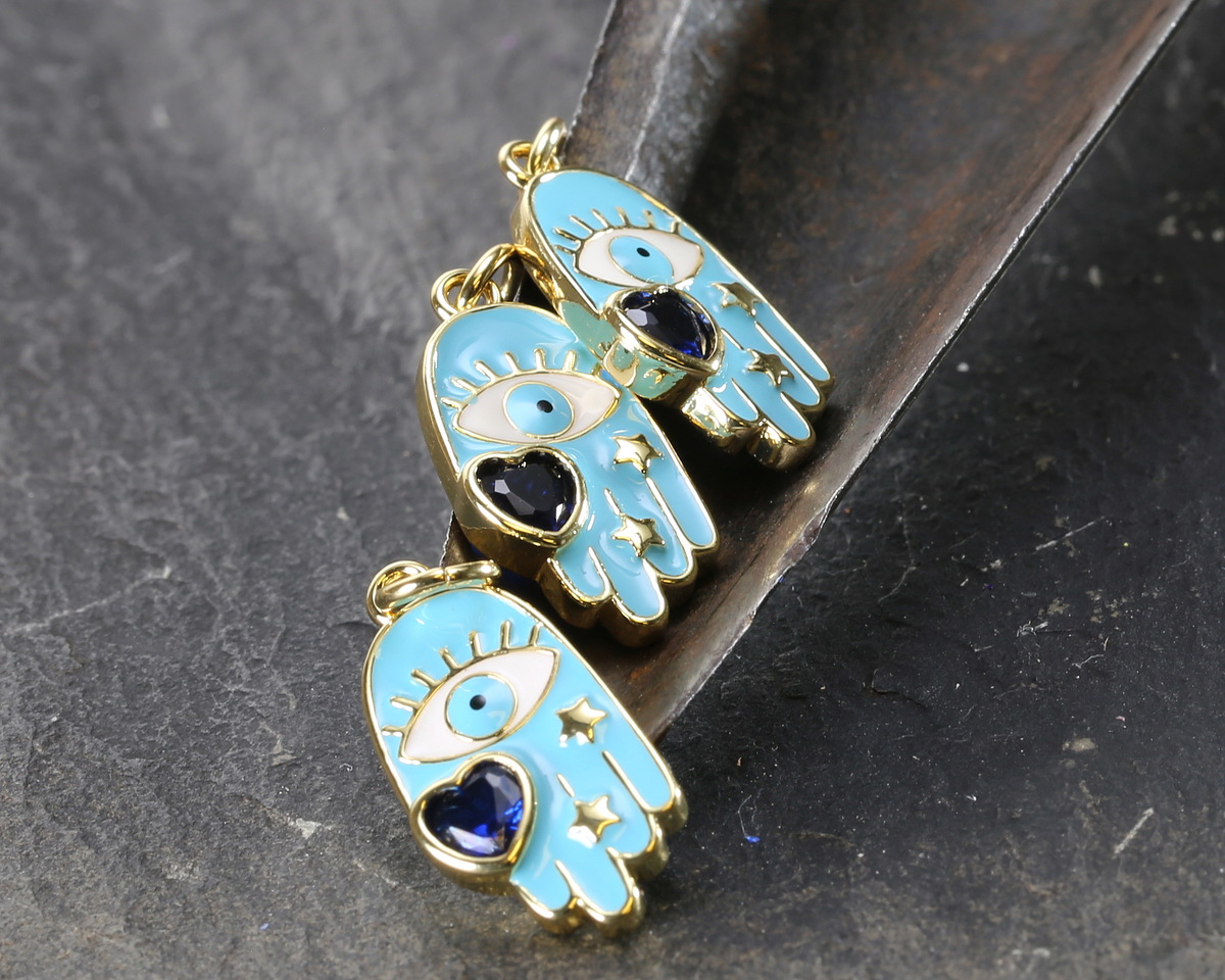 18k Gold (plated) Light Blue Enamel Hamsa Hand w/ Dark Blue Heart Focal 9.5x19mm