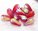 Czech Glass Matte Ruby Red AB w/ Copper Faceted Melon Teardrop 23x11mm