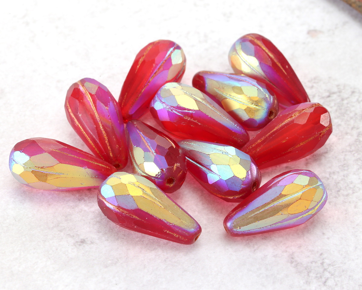 Czech Glass Matte Ruby Red AB w/ Copper Faceted Melon Teardrop 23x11mm