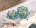 Czech Glass Matte Aquamarine w/ Gold Wild Rose Coin 13mm