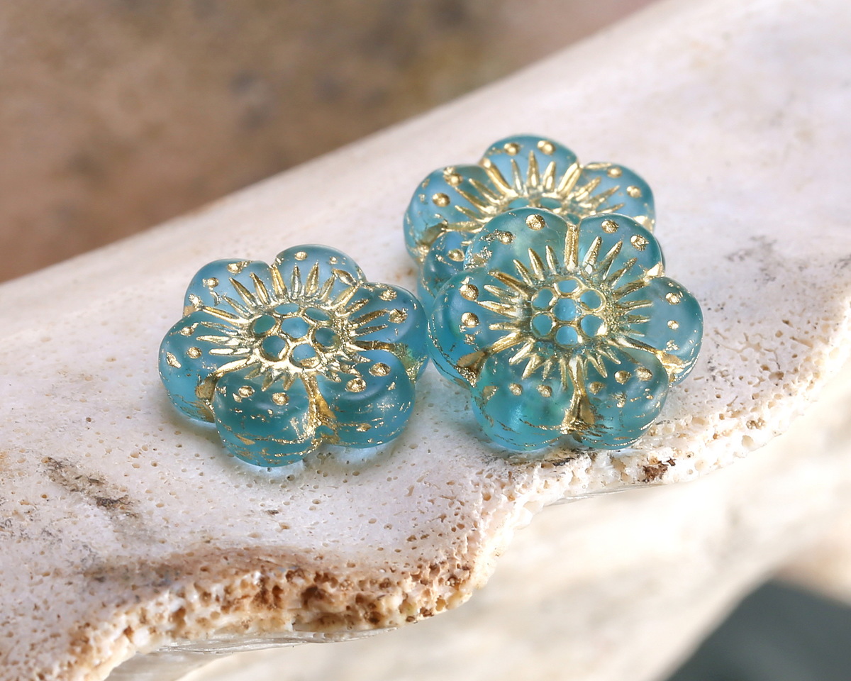 Czech Glass Matte Aquamarine w/ Gold Wild Rose Coin 13mm
