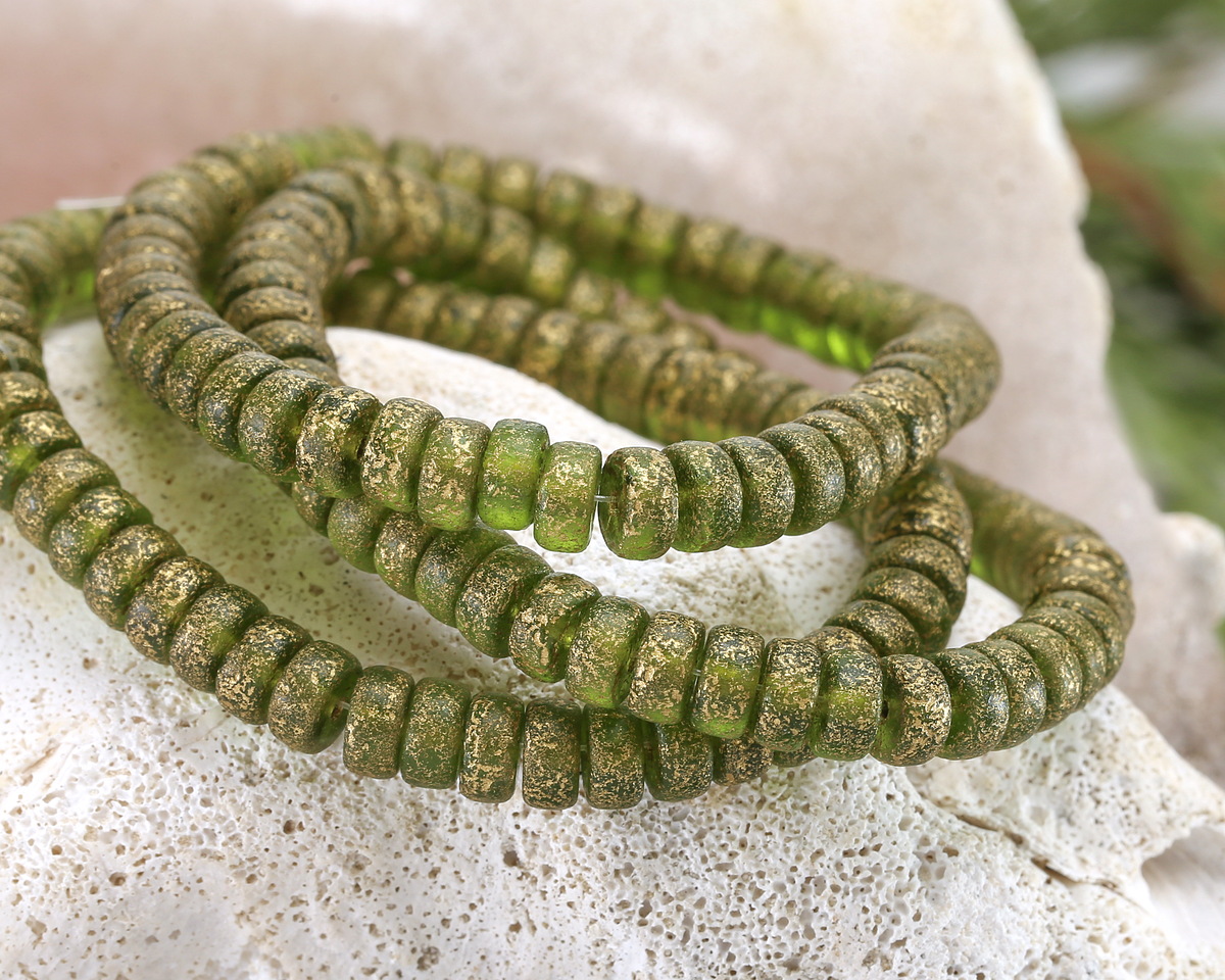 Czech Glass Textured Peridot w/ Gold Wash Heishi 3x6mm