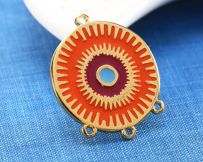 24K Gold (plated) Hyacinth, Plum & Turquoise Enamel Radiating Sun 1-3 Chandelier Focal Link 26x32mm