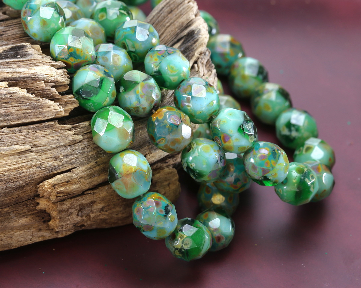 Czech Glass Aquamarine Waters Picasso Fire Polished Round 8mm