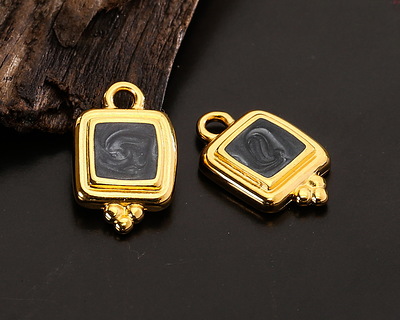 24K Gold (plated) Jet Pearl Enamel Beaded Square Focal 10x16mm