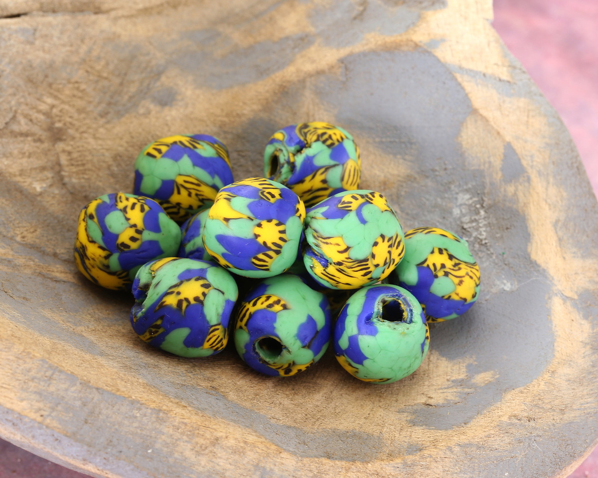 African Recycled Glass Multi Seed Bead Opaque Green w/ Cobalt and Yellow Round 13-14mm