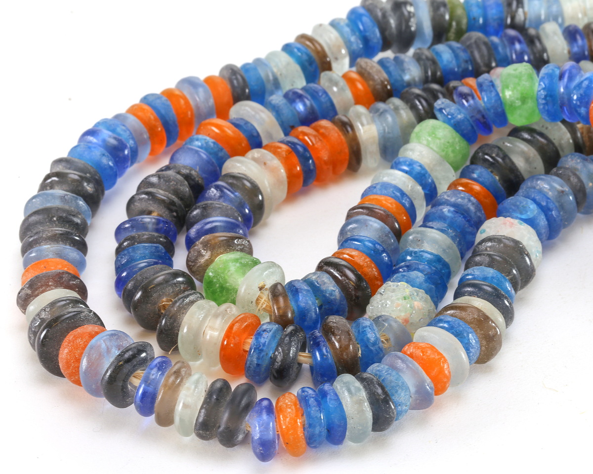 African Recycled Glass Multi Blue/Orange/Green Mini Donut 11-13mm