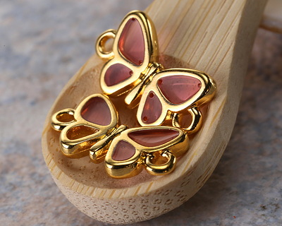 24K Gold (plated) Framed Transparent Pink Butterfly Focal Link 17.5x10mm