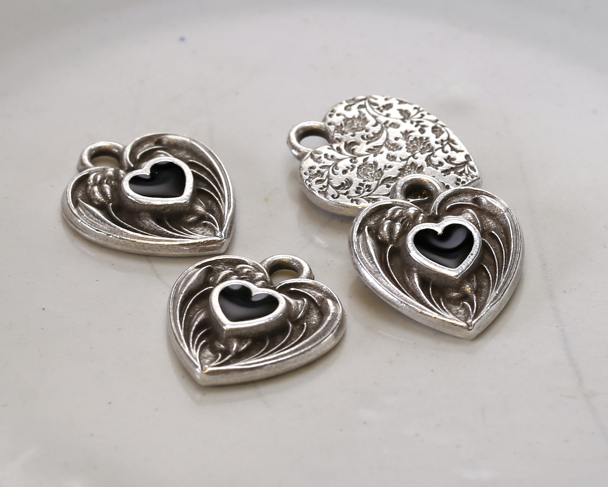 TierraCast Antique Silver (plated) Jet Enamel Heart in Heart Shaped Focal 12.5x14mm
