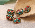 Nepalese Brass w/ Coral & Turquoise Mosaic in Rings Rice Bead 12x8mm
