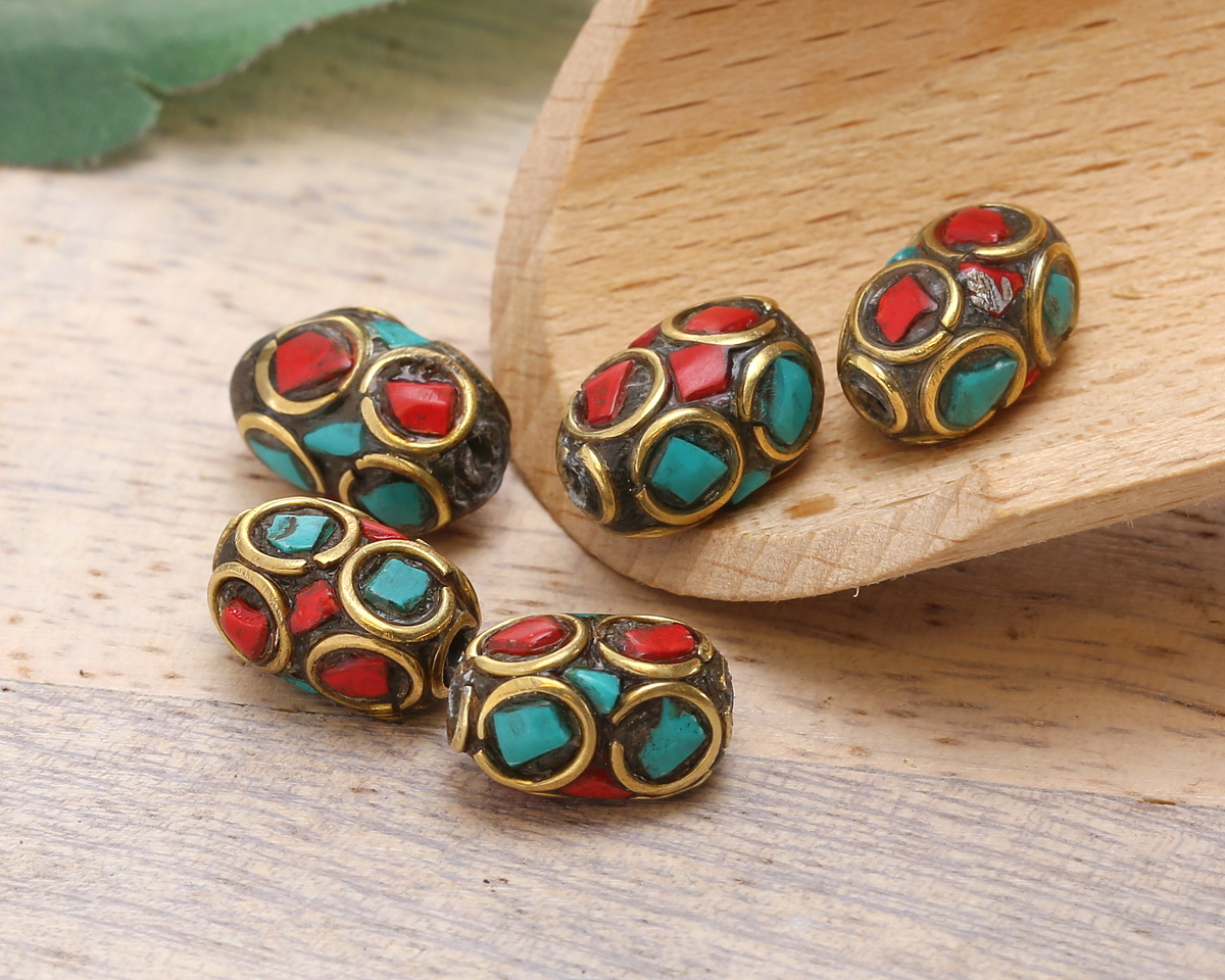Nepalese Brass w/ Coral & Turquoise Mosaic in Rings Rice Bead 12x8mm