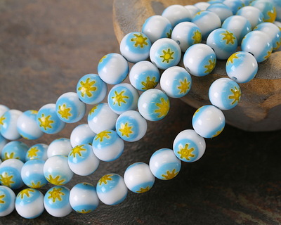 Millefiori Glass White w/ Turquoise & Yellow Flower Round 10mm