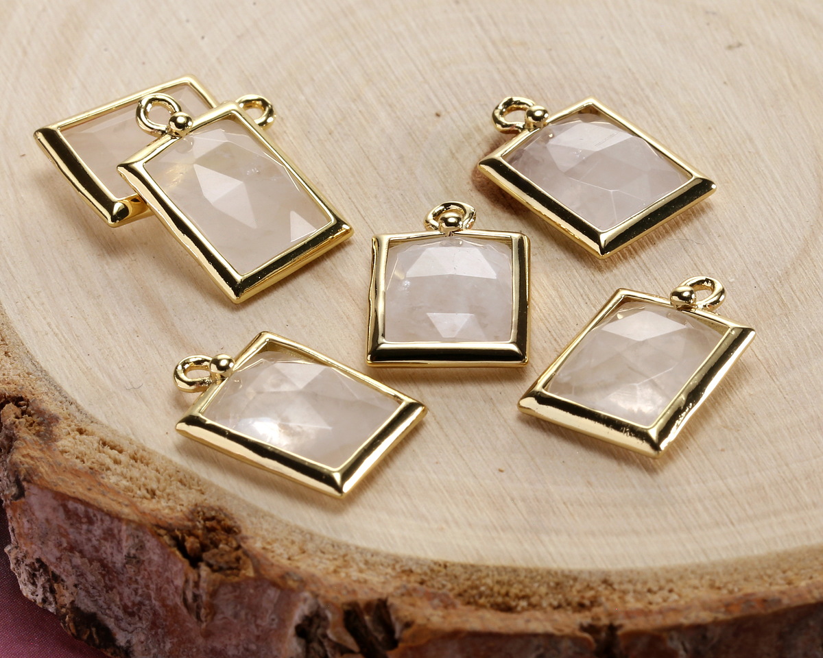 Rock Crystal Quartz w/ Gold Finish Faceted Rectangle Focal 10x15mm