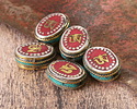 Nepalese White Brass & Brass "Om" Oval Coin Bead w/ Coral & Turquoise 16-18x20-22mm