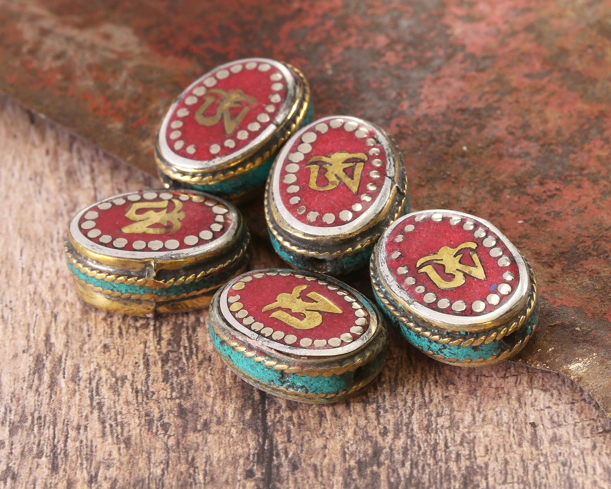 Nepalese White Brass & Brass "Om" Oval Coin Bead w/ Coral & Turquoise 16-18x20-22mm