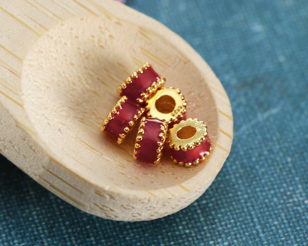 Ruby Red Enamel & 24K Gold (plated) Large Hole Small Spacer 2.5x4mm