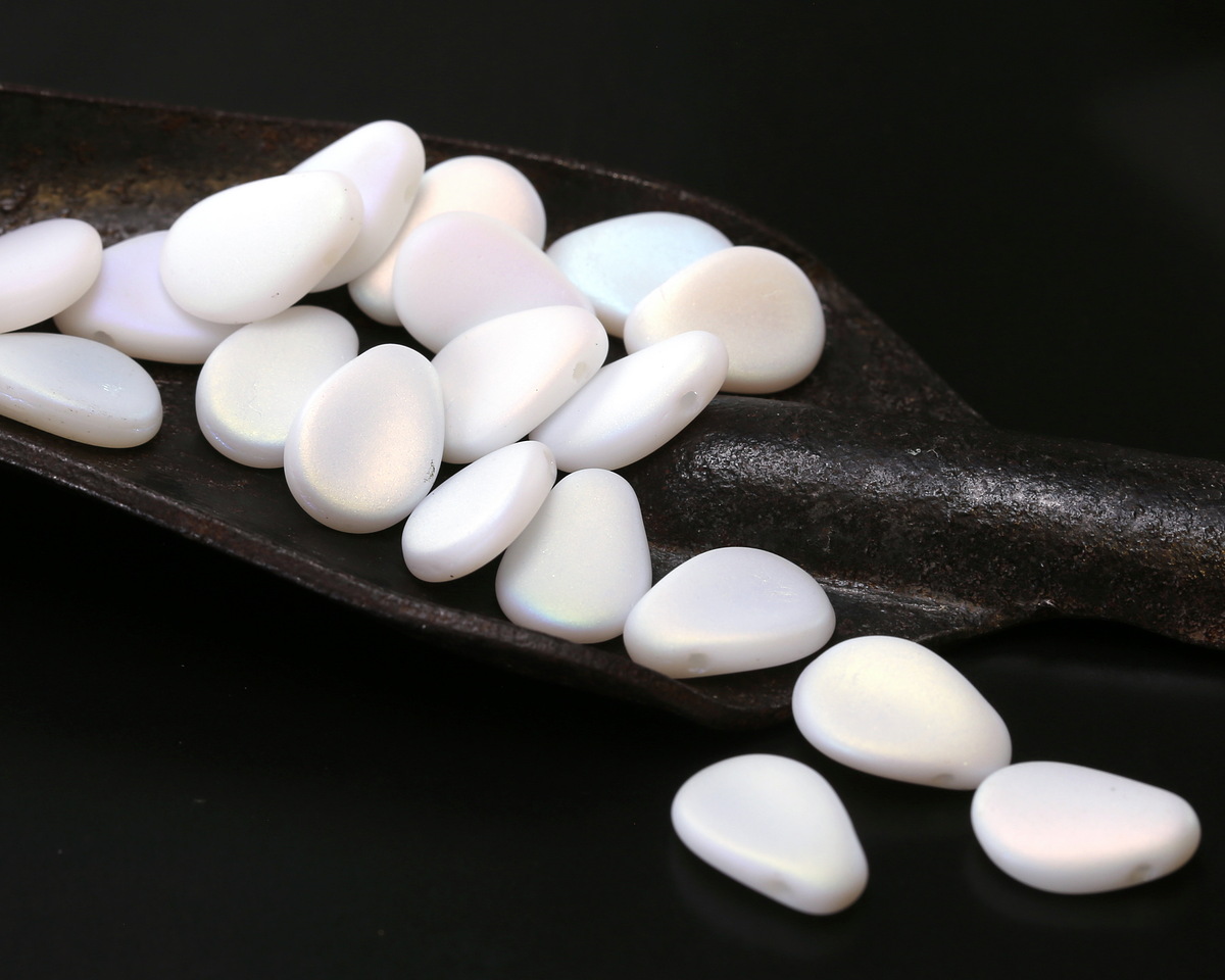 Czech Glass Matte White AB Flat Teardrop 8x11mm