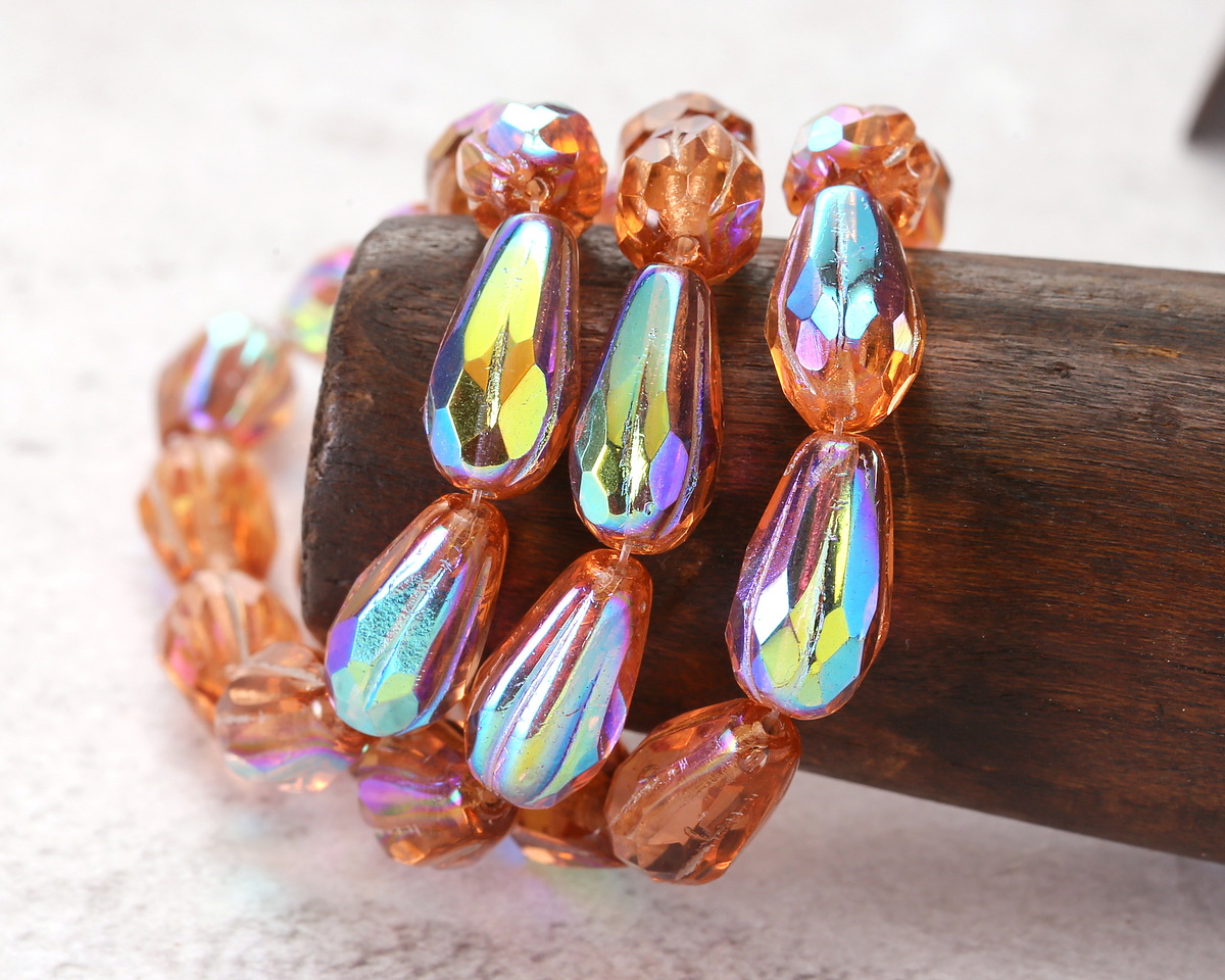 Czech Glass Rosaline AB w/ Platinum Faceted Teardrop 15x8mm