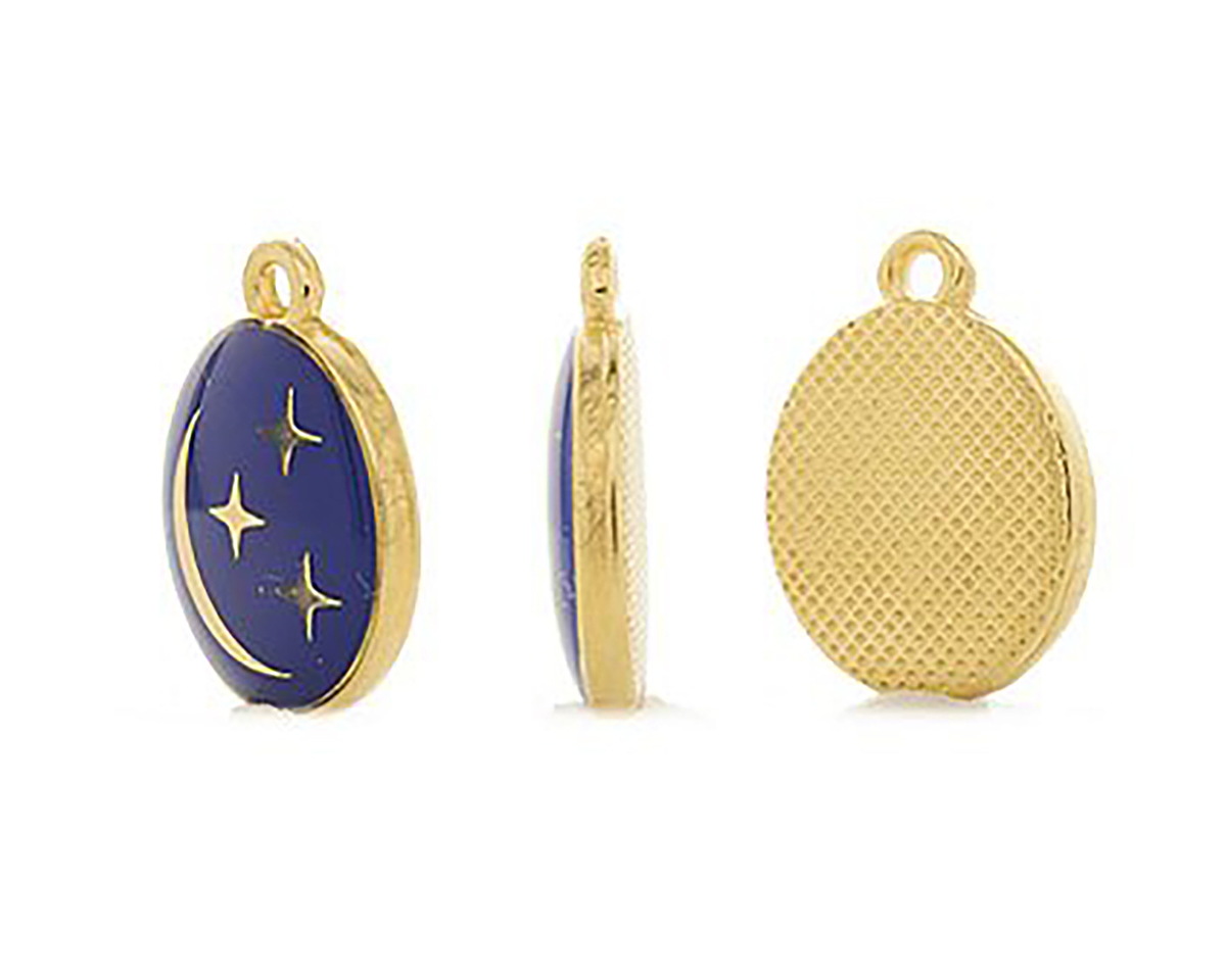 24K Gold (plated) Cobalt Enamel Crescent Moon & Stars Oval Focal 12x16mm