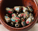 Nepalese Brass w/ Turquoise & Coral Mosaic Plumes Barrel Bead 13x8mm