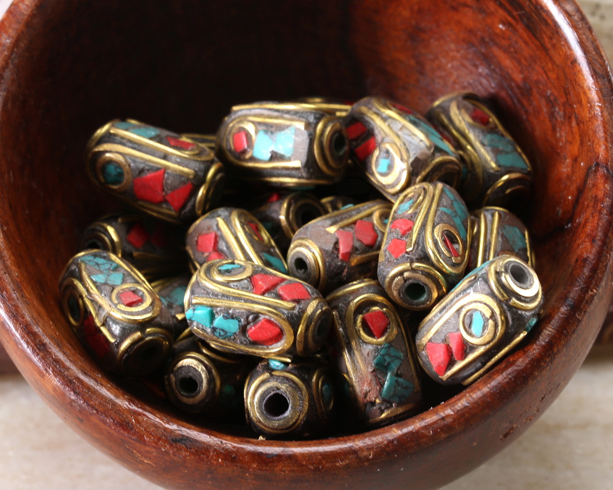 Nepalese Brass w/ Turquoise & Coral Mosaic Plumes Barrel Bead 13x8mm
