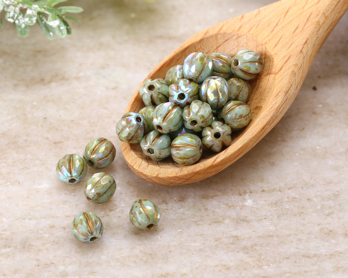 Czech Glass Tea Green Picasso AB w/ Gold Wash Faceted Melon Round 6mm