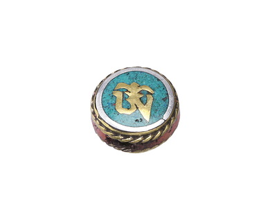 Nepalese White Brass & Brass "Om" Coin Bead w/ Turquoise & Coral 16mm