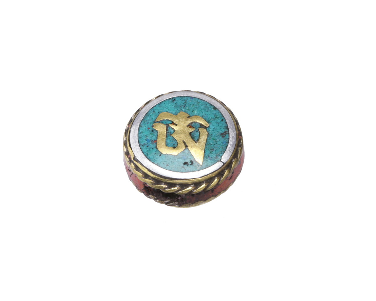 Nepalese White Brass & Brass "Om" Coin Bead w/ Turquoise & Coral 16mm