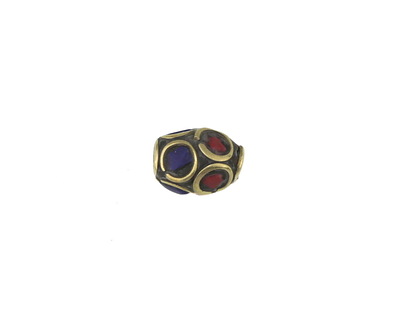 Nepalese Brass Bead w/ Coral & Lapis Mosaic 10-11x8-9mm