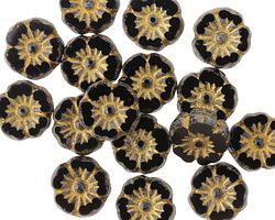 Czech Glass Jet Picasso w/ Gold Hibiscus Coin 9mm