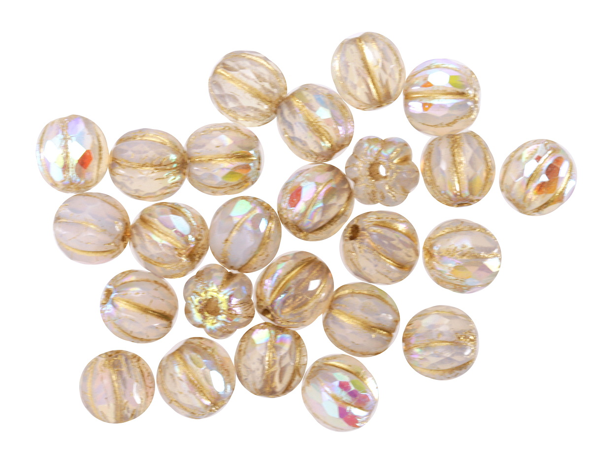 Czech Glass White Opal AB w/ Gold Faceted Melon 6mm
