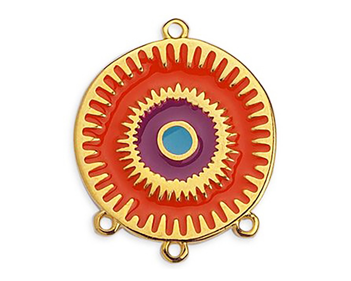 24K Gold (plated) Hyacinth, Plum & Turquoise Enamel Radiating Sun 1-3 Chandelier Focal Link 26x32mm