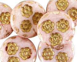 Czech Glass Petal Pink w/ Gold Flower Trio Coin Bead 21mm