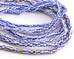 African Glass Antique White & Blue Striped Seed Bead 3-3.5mm